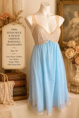 Vintage 1960s Avian Blue And Peach Chiffon Half Sweep Babydoll Nightgown Size 34